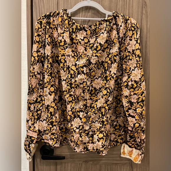 Billabong Womens Long Sleeve Floral V Tie Neck Blouse Size L - Picture 2 of 9